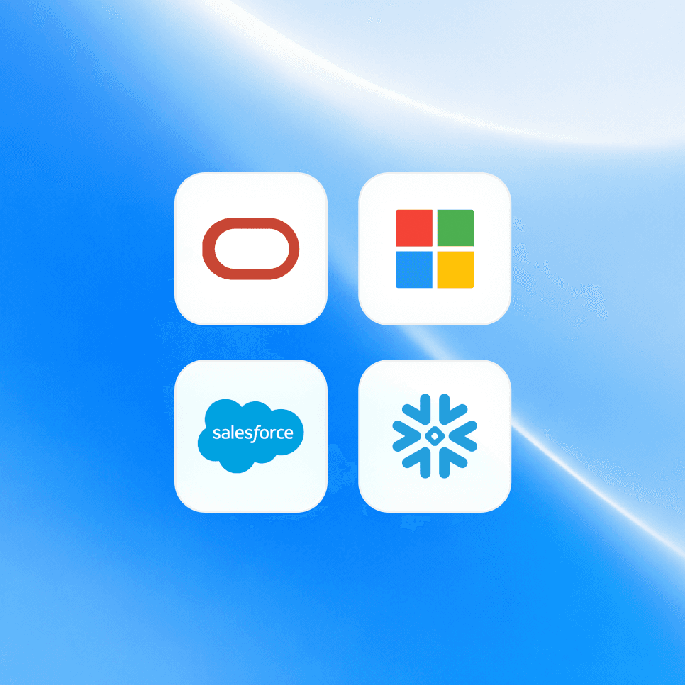 Enterprise integration logos including Oracle, Microsoft, Salesforce, and Snowflake