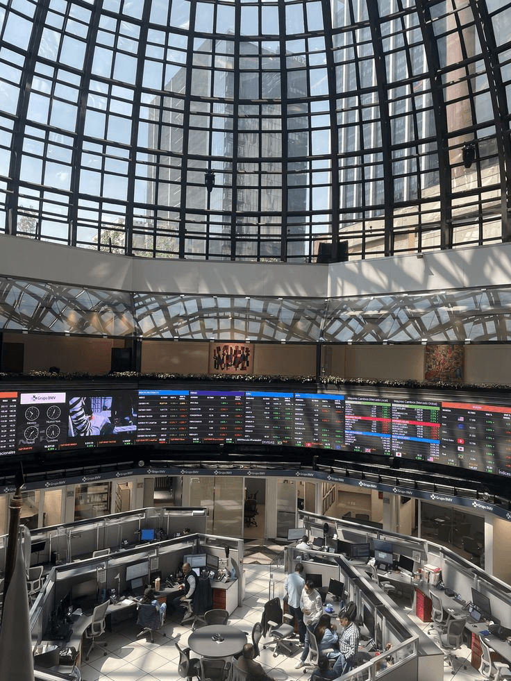 Trading floor inside a glass-domed financial operations center
