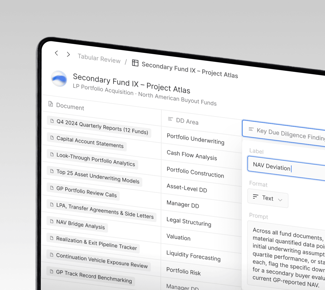 Norric Due Diligence platform with tabular review and key findings