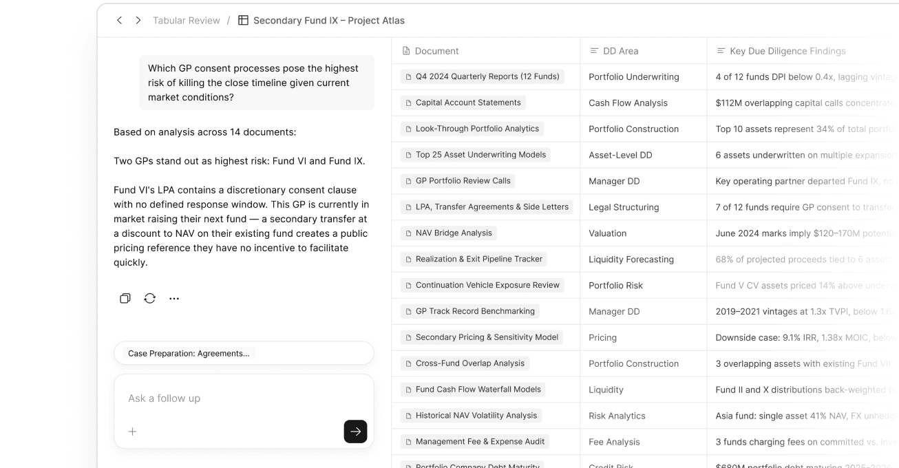 AI chat analyzing GP consent processes alongside document table