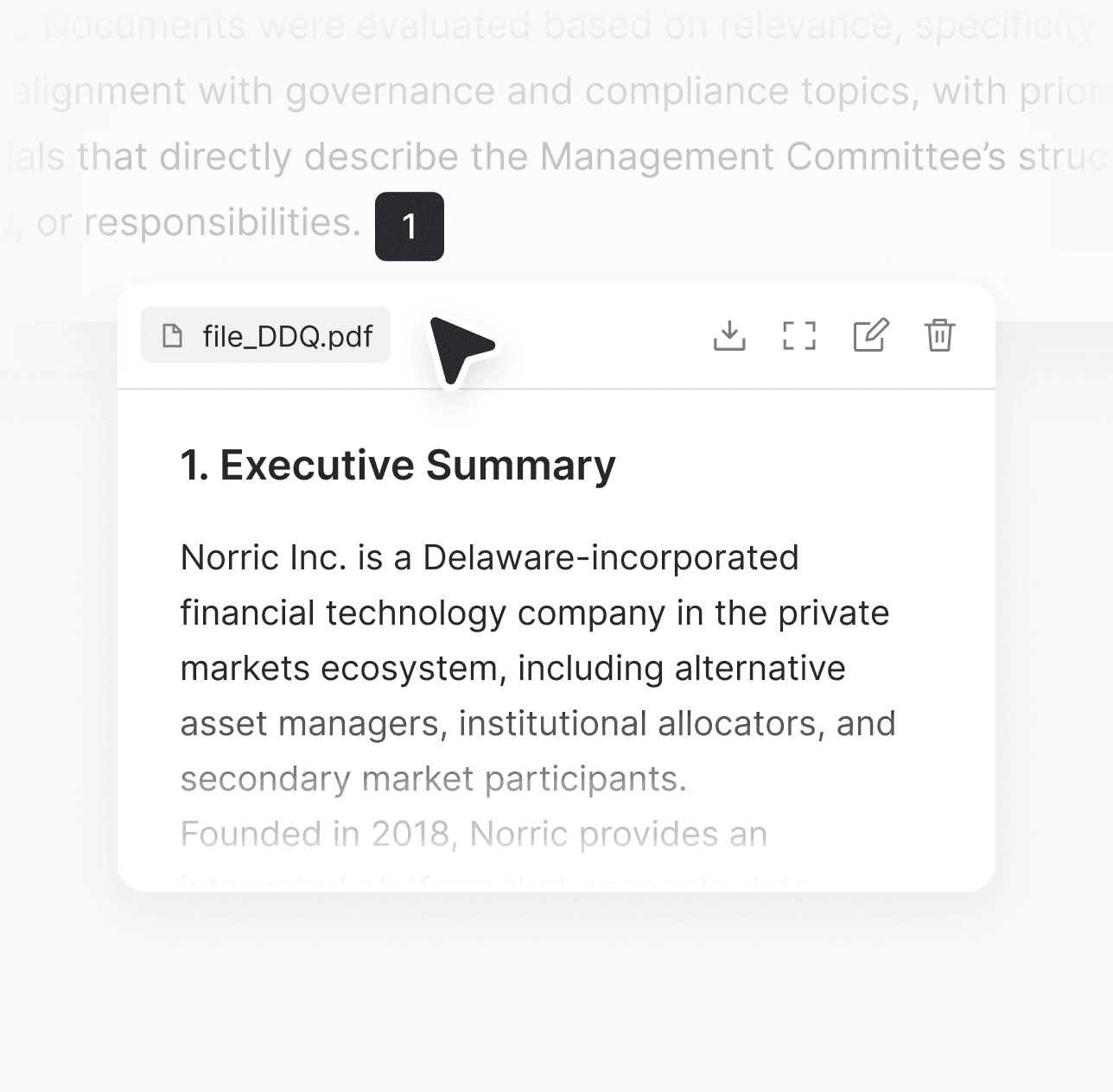 Document viewer showing file_DDQ.pdf with executive summary and citation marker