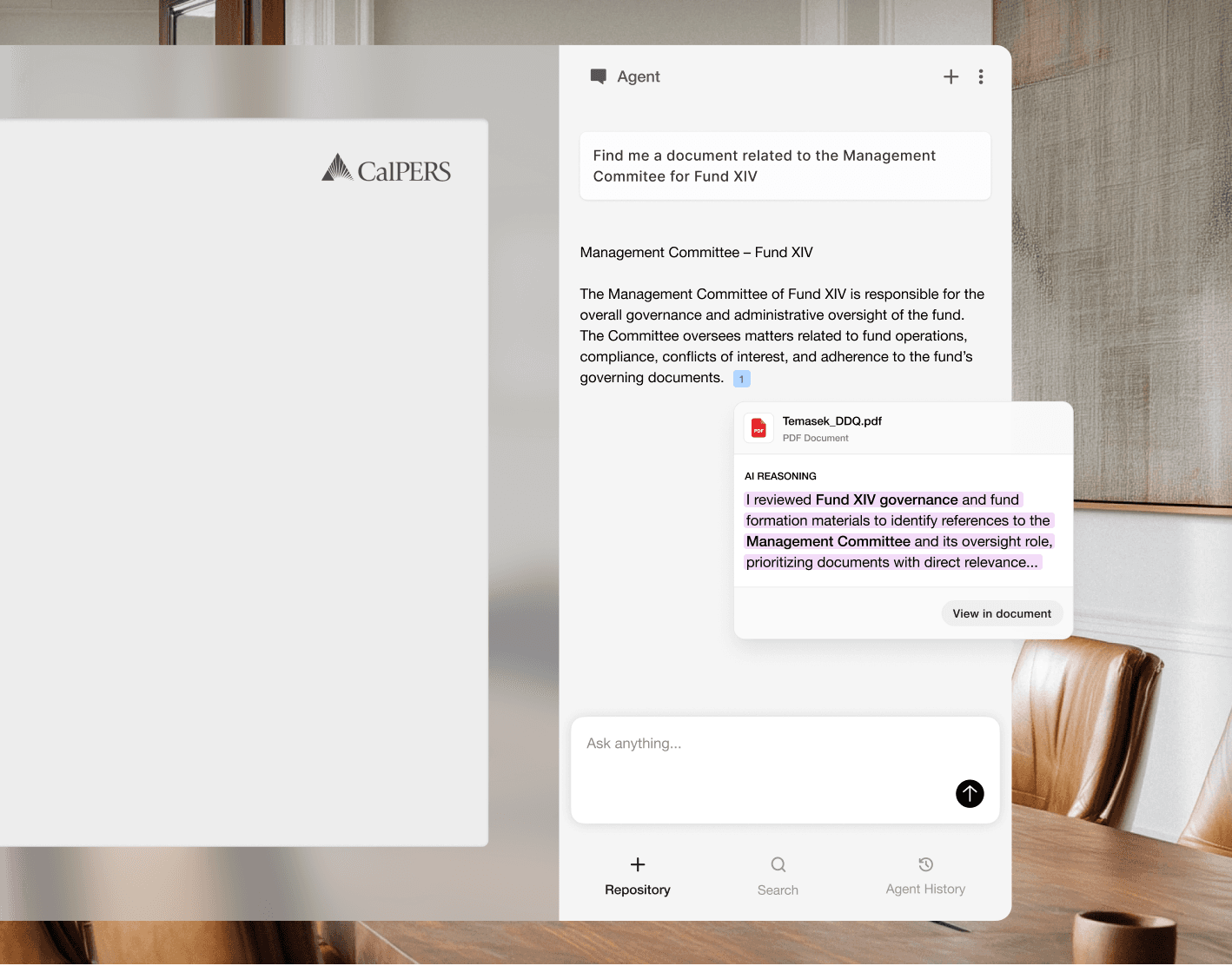 Norric DDQ platform interface with document search and AI agent