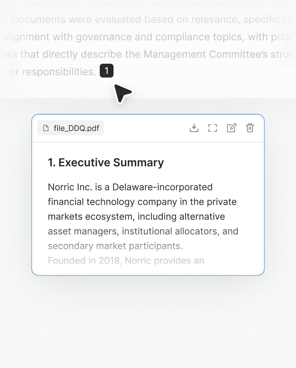 Document viewer with executive summary and citation badge