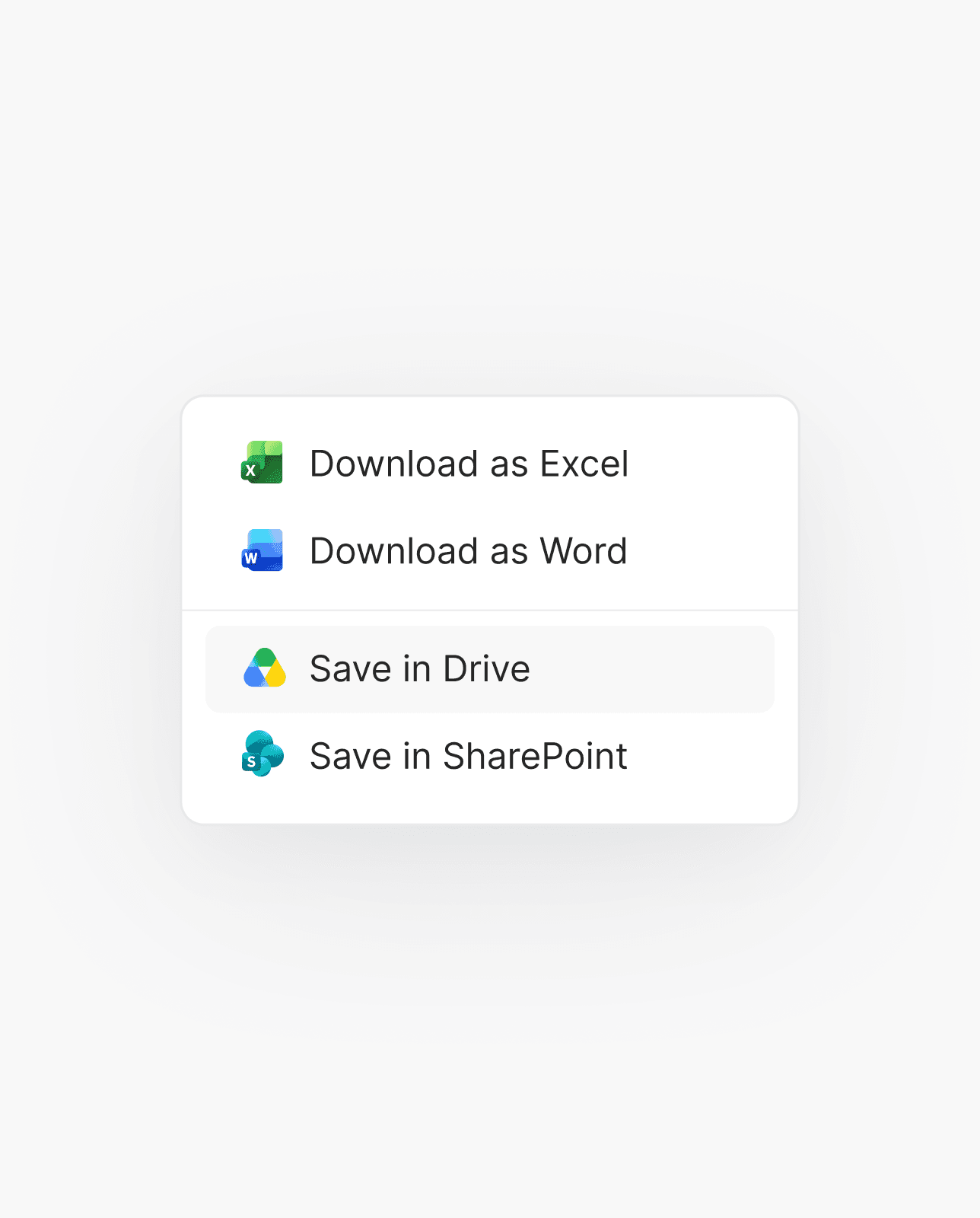 Export and save options to Drive and SharePoint