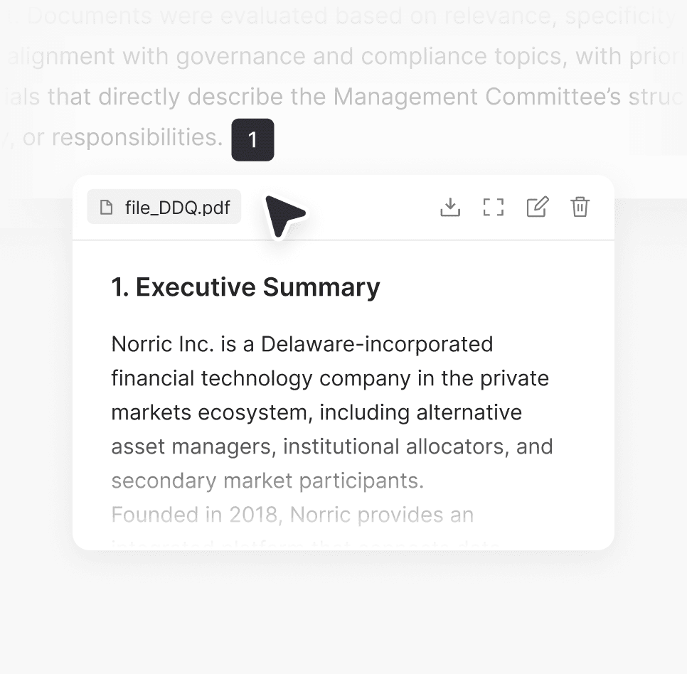 Document viewer showing file_DDQ.pdf with executive summary and highlighted citation