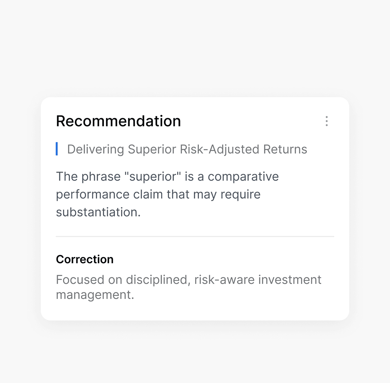 Recommendation card with suggested correction for risk-adjusted returns language