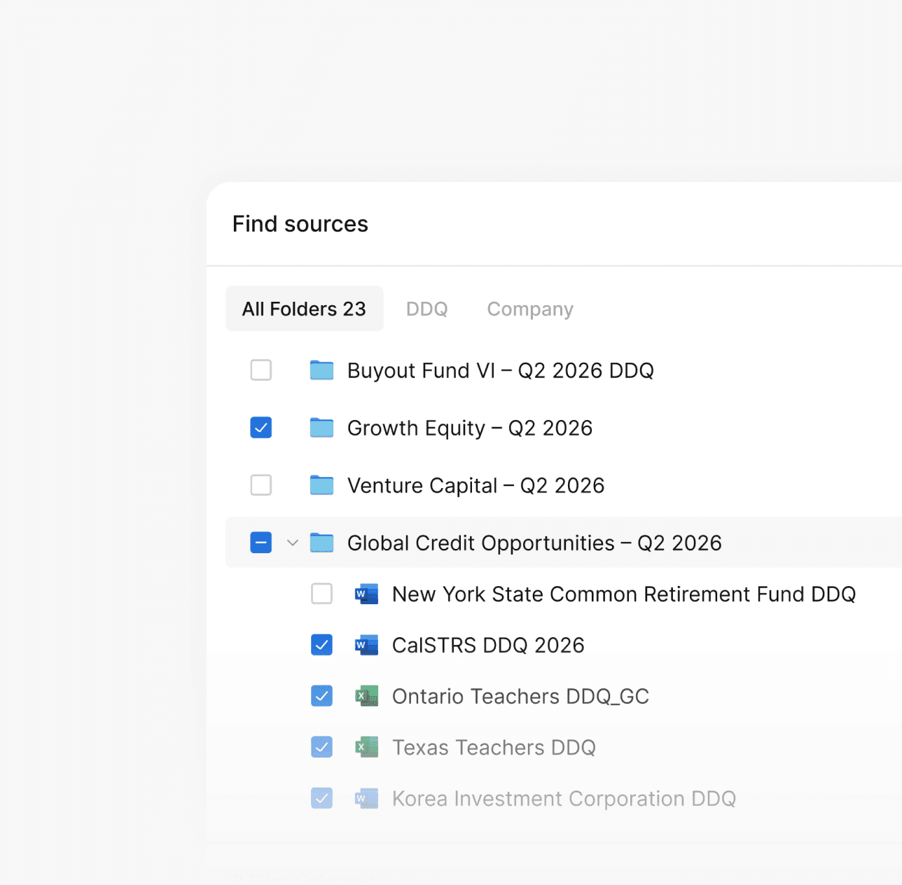 Find sources panel with fund DDQ folders and checkboxes