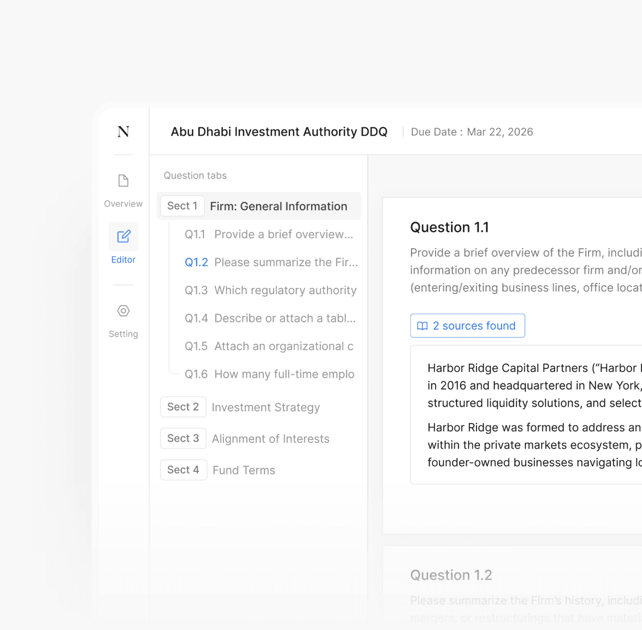 DDQ platform interface showing Abu Dhabi Investment Authority questionnaire with drafted answer and source citation