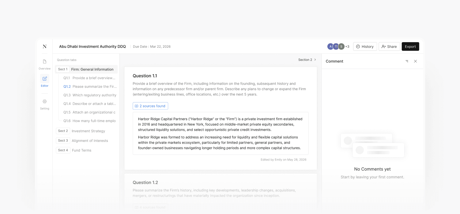DDQ platform interface showing Abu Dhabi Investment Authority questionnaire with drafted answer and source citation