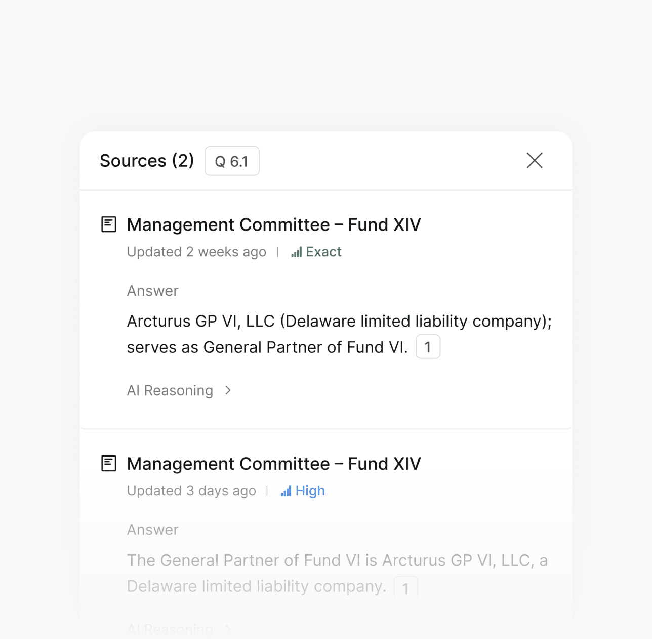 Sources panel showing Management Committee Fund XIV with answer and AI reasoning