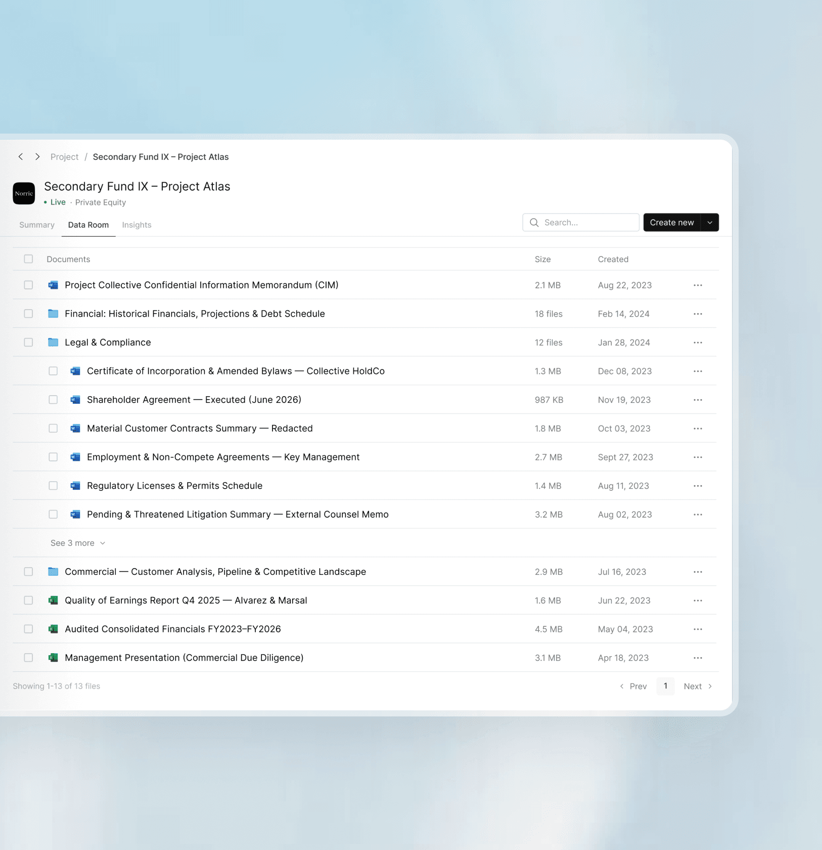 Connect data rooms and upload deal documents