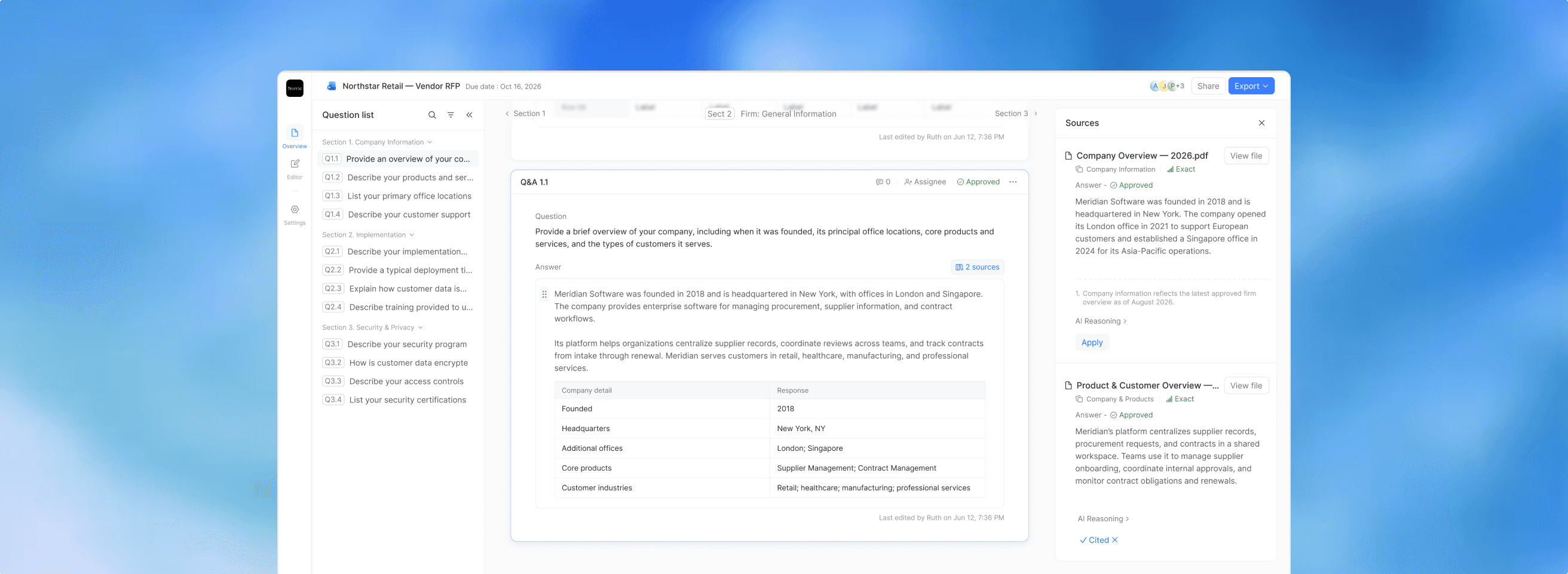 Norric platform showing AI-assisted RFP response management with question list, answer workspace, and sources