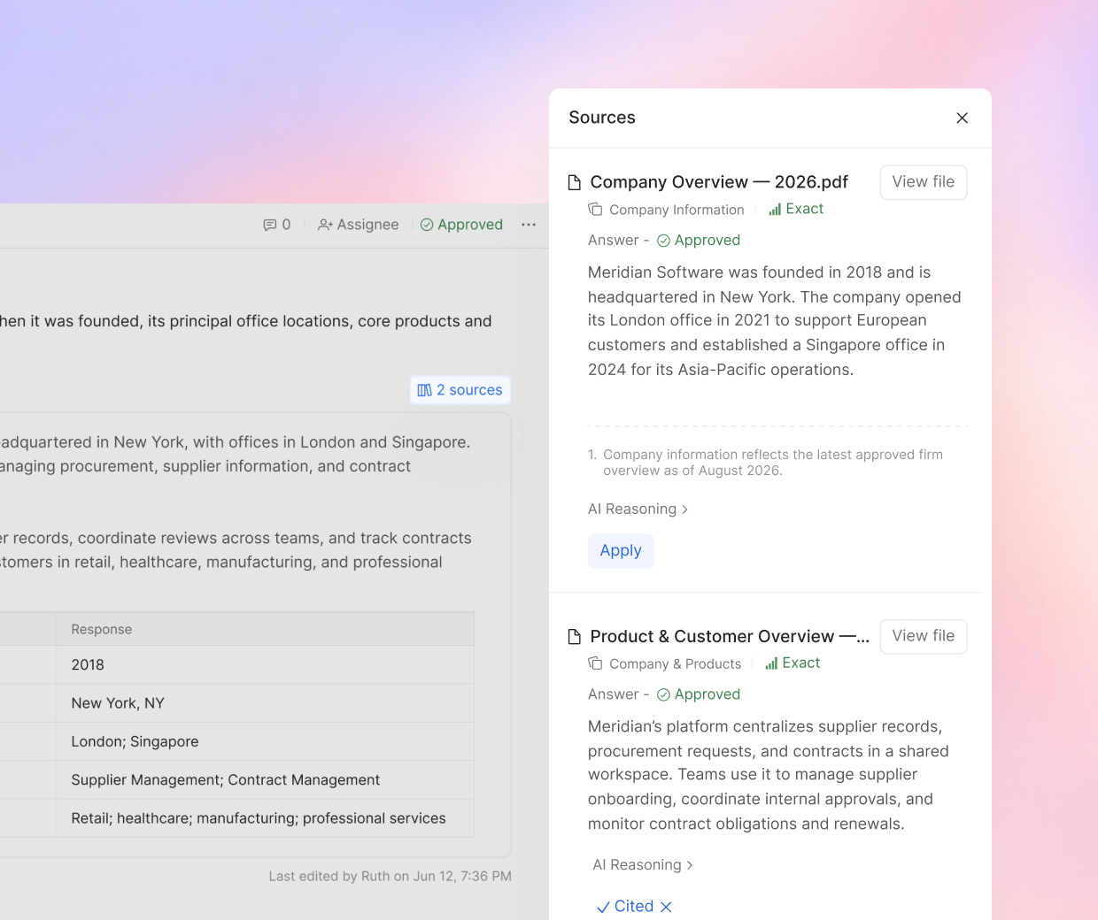 Sources panel listing company documents with apply actions next to a draft answer