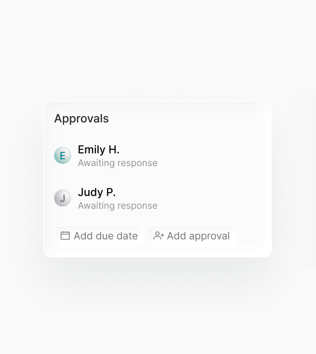 Approvals panel showing Emily H. and Judy P. awaiting response with add due date and add approval actions