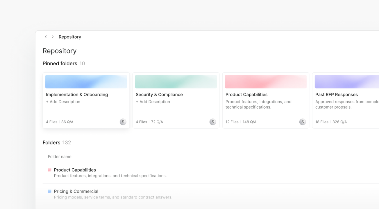 Repository view with pinned folders and a searchable list of company document folders