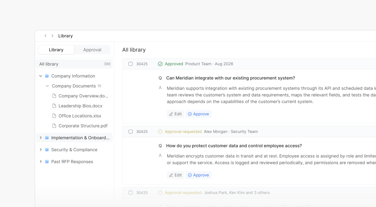 Library view showing extracted questions and answers with approval status