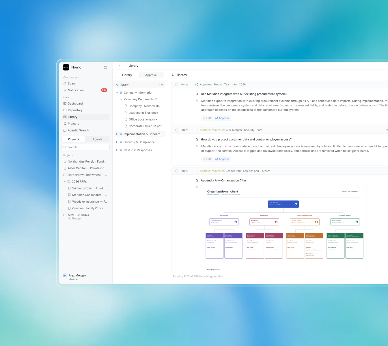 Estra content library showing searchable answers, sources, and document organization