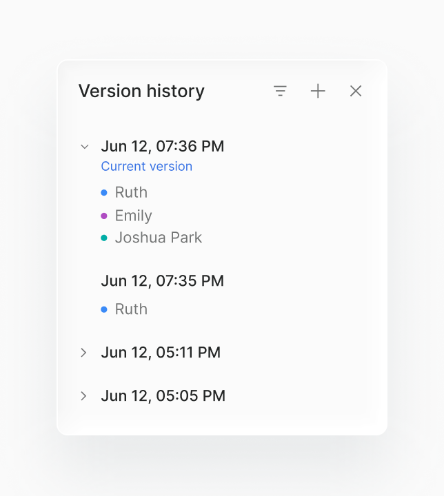 Version history panel listing edits by Ruth, Emily, and Joshua Park with current version highlighted