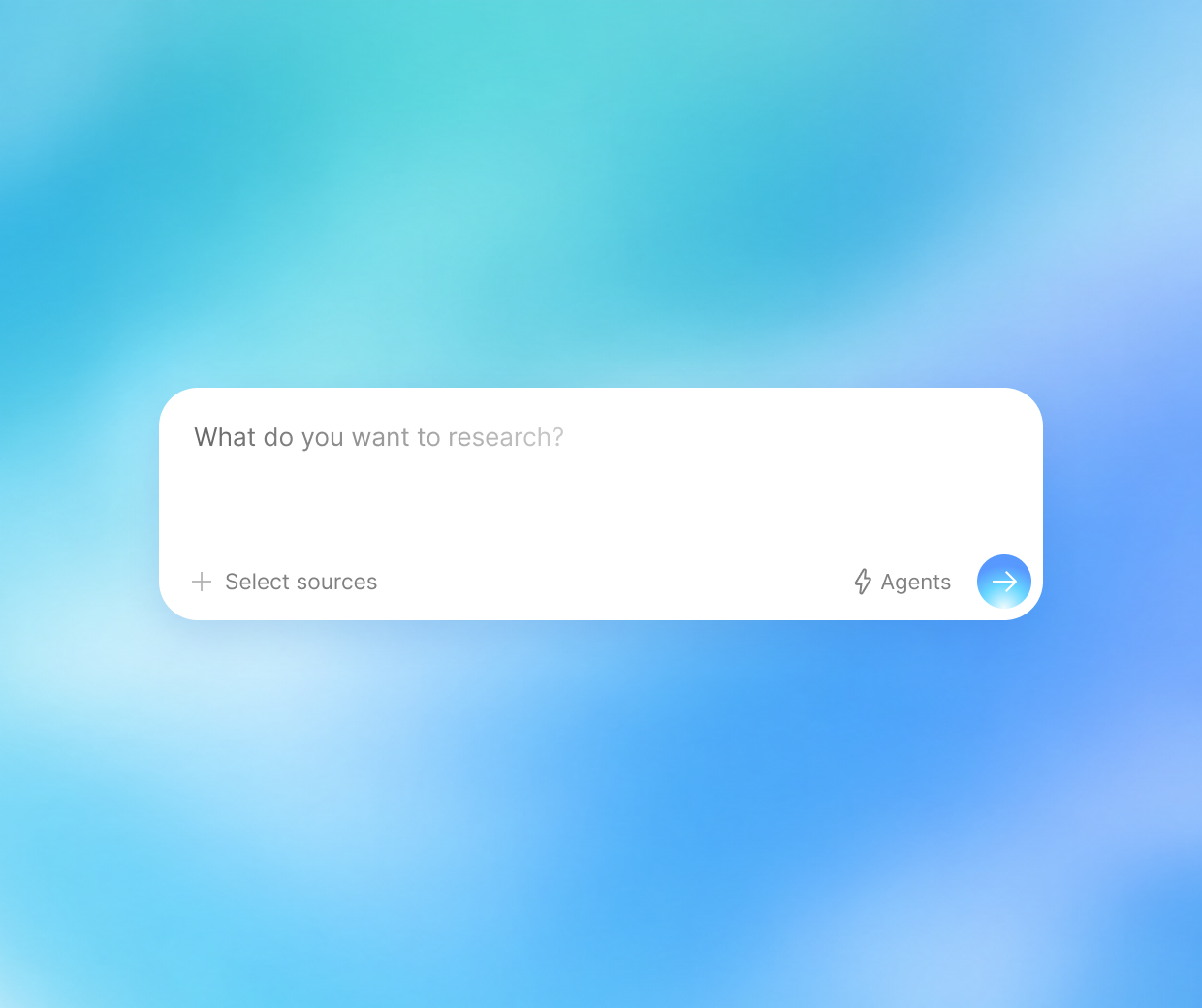 Research chat interface asking what you want to research across selected sources