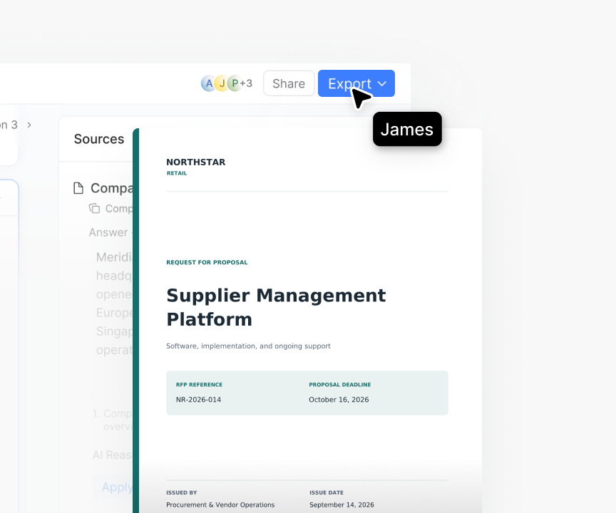 Document export view with Export button and collaborator cursor labeled James