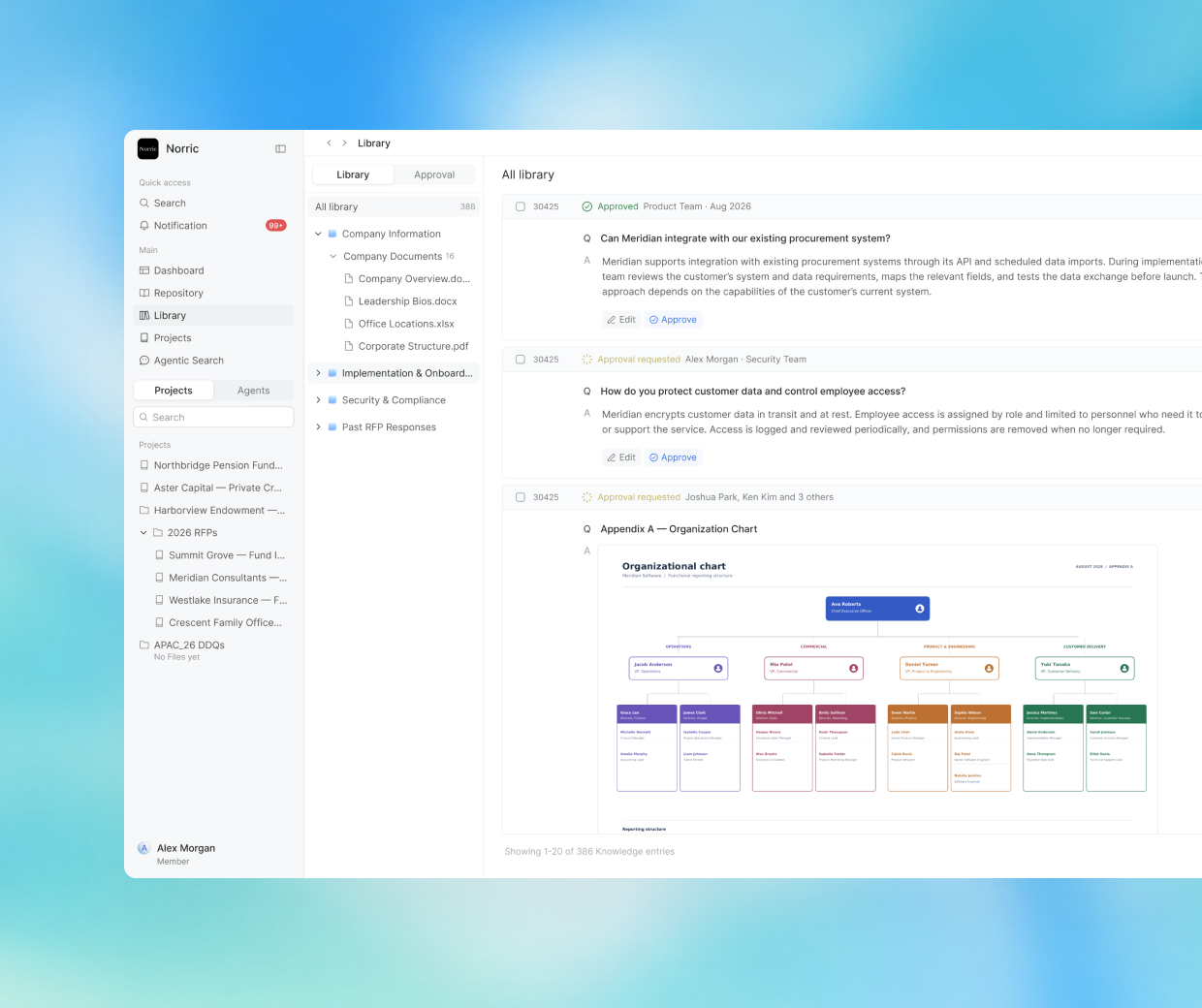 Norric knowledge base library showing folders, Q&A entries, and approval status