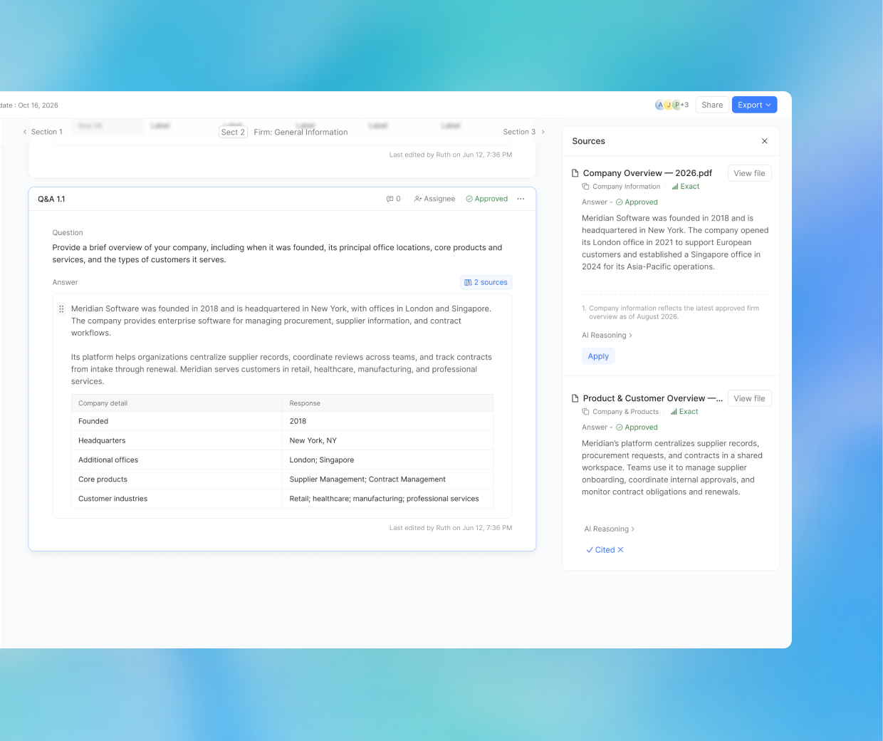 Norric workspace showing AI-generated answers with traceable sources and approval controls