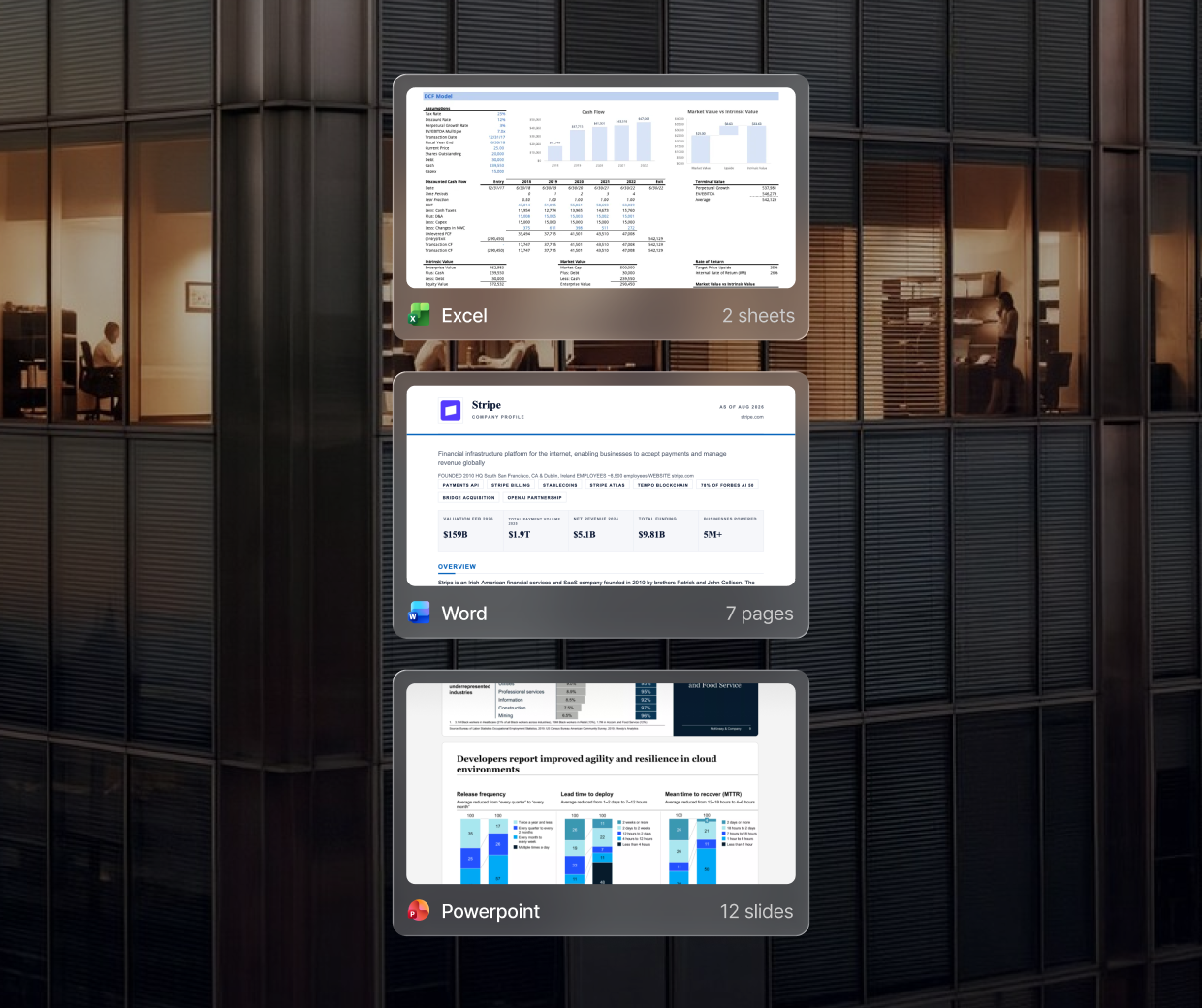 Excel, Word, and PowerPoint portfolio material cards over an office background