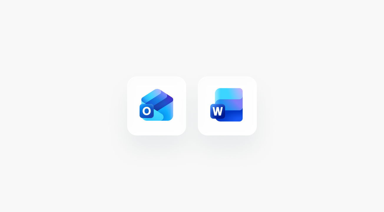 Outlook and Word integration tiles on a dark blue gradient background
