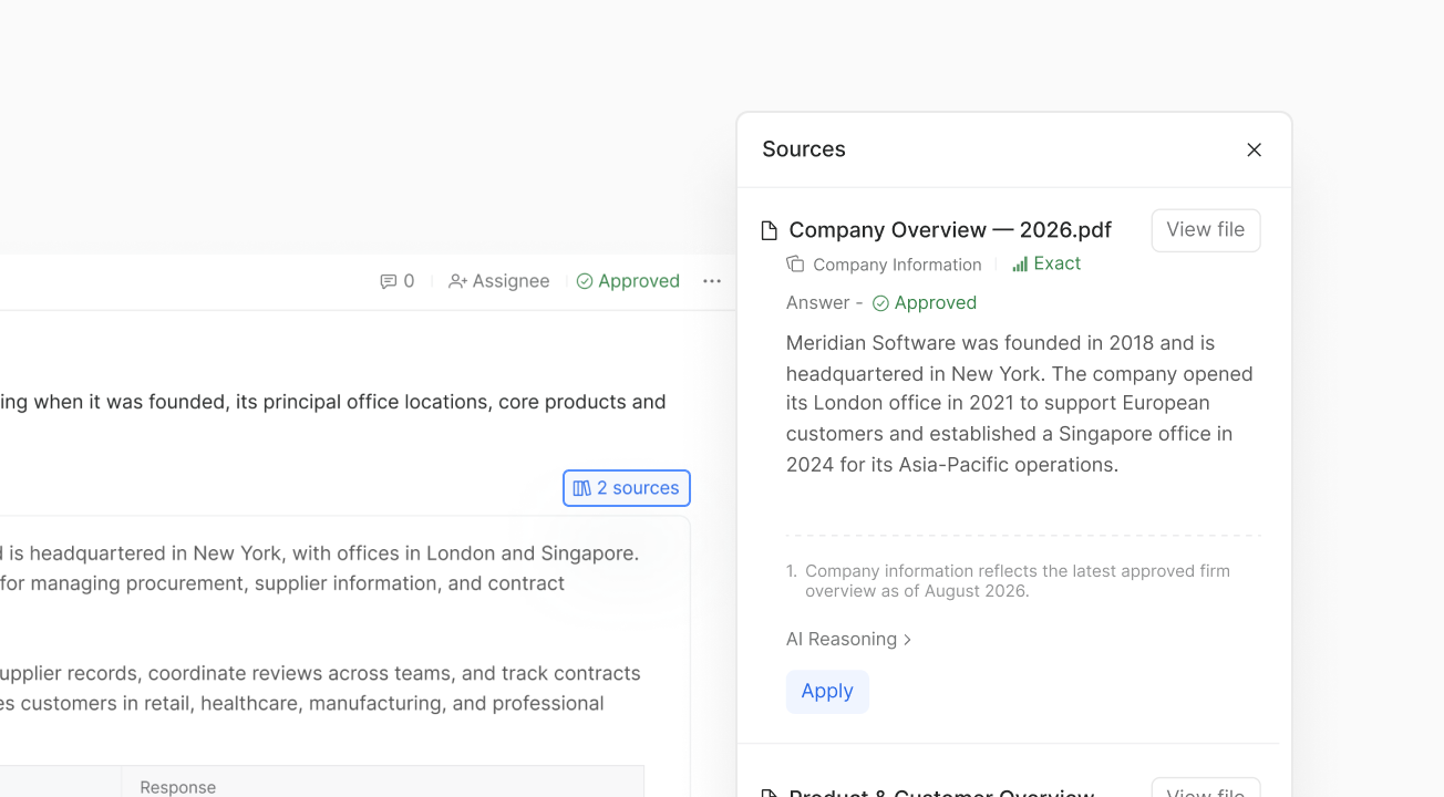 Answer editor with source documents and AI insights beside each question