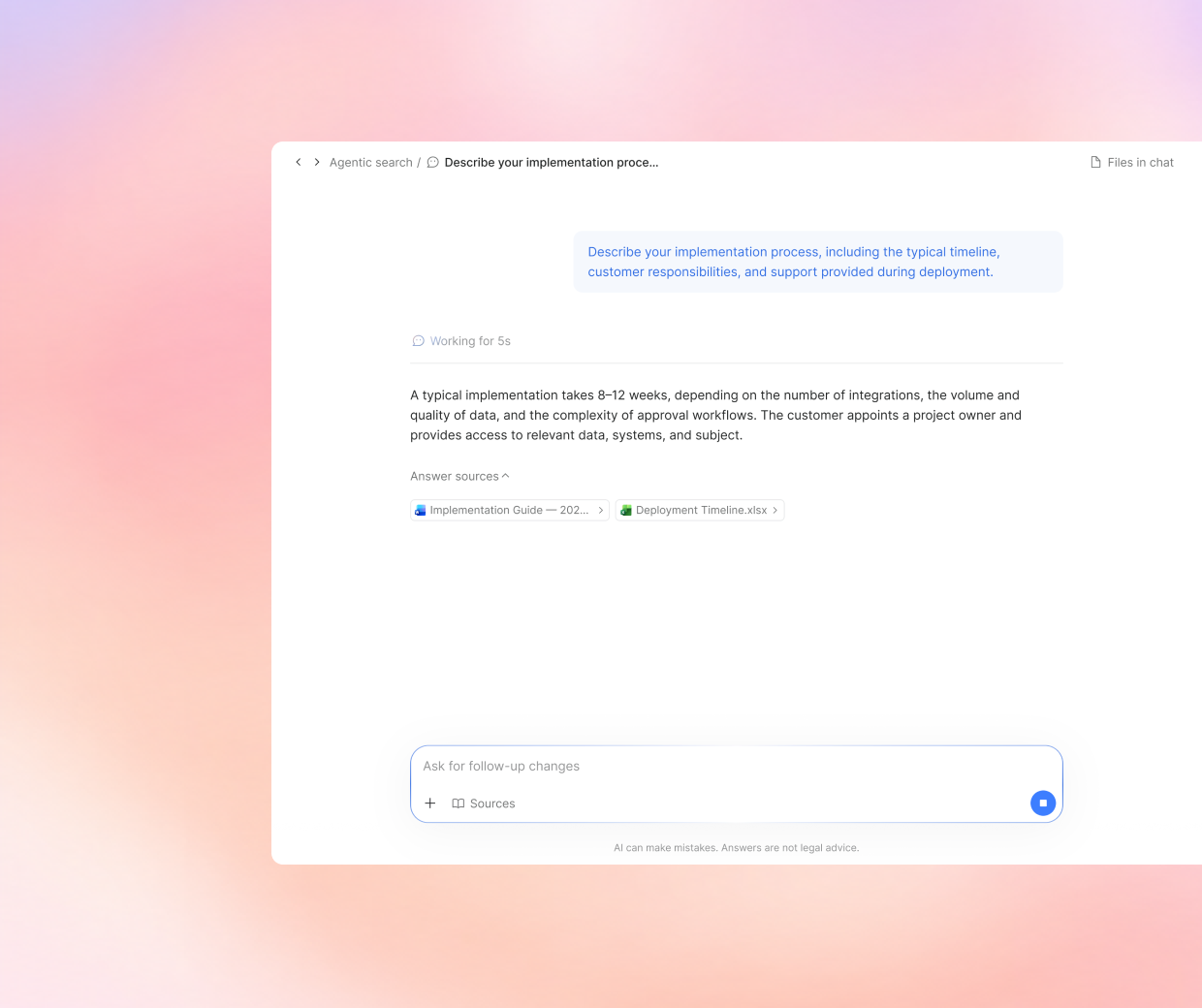 AI chat drafting a response from approved answers and source documents