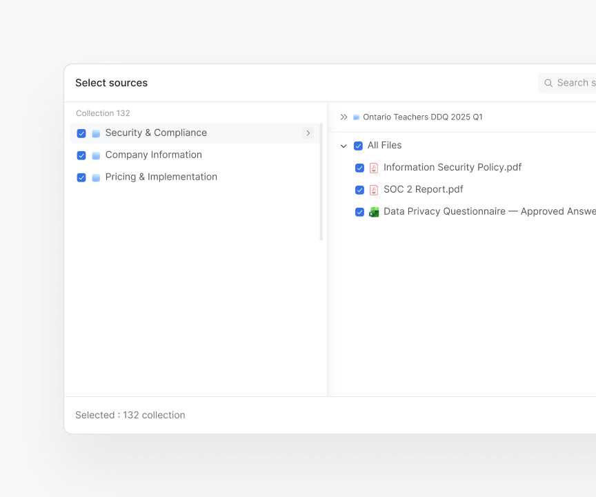 Select sources panel with collections and files chosen for a questionnaire