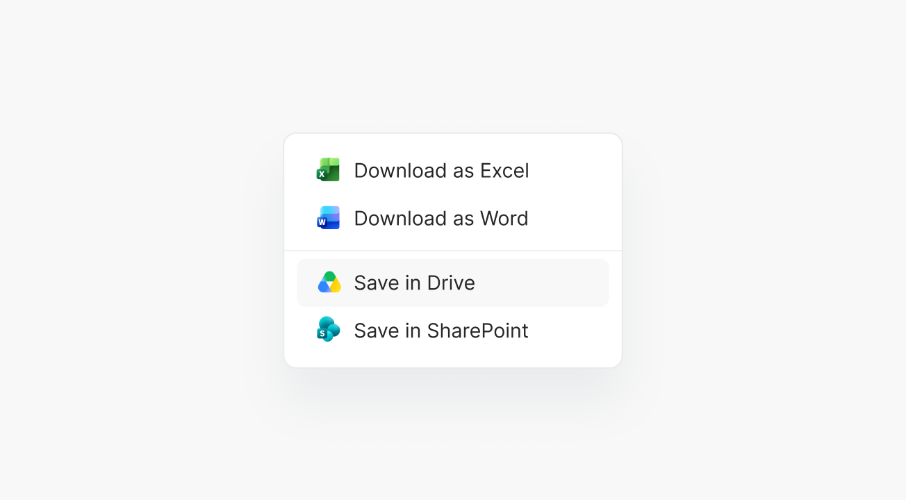 Export menu with options to download as Excel or Word, or save to Drive and SharePoint