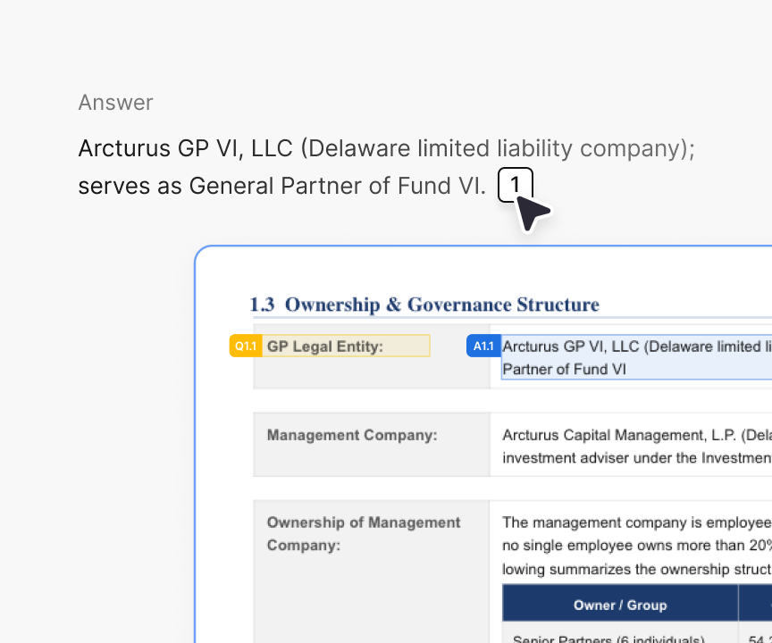 Answer citation linked to highlighted text in the original source document