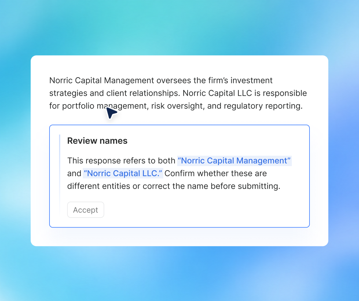 AI review card flagging inconsistent entity names in a draft response