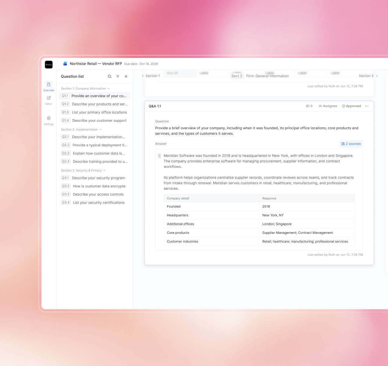 Estra workspace showing AI-assisted RFP response with question list, answer editor, and sources